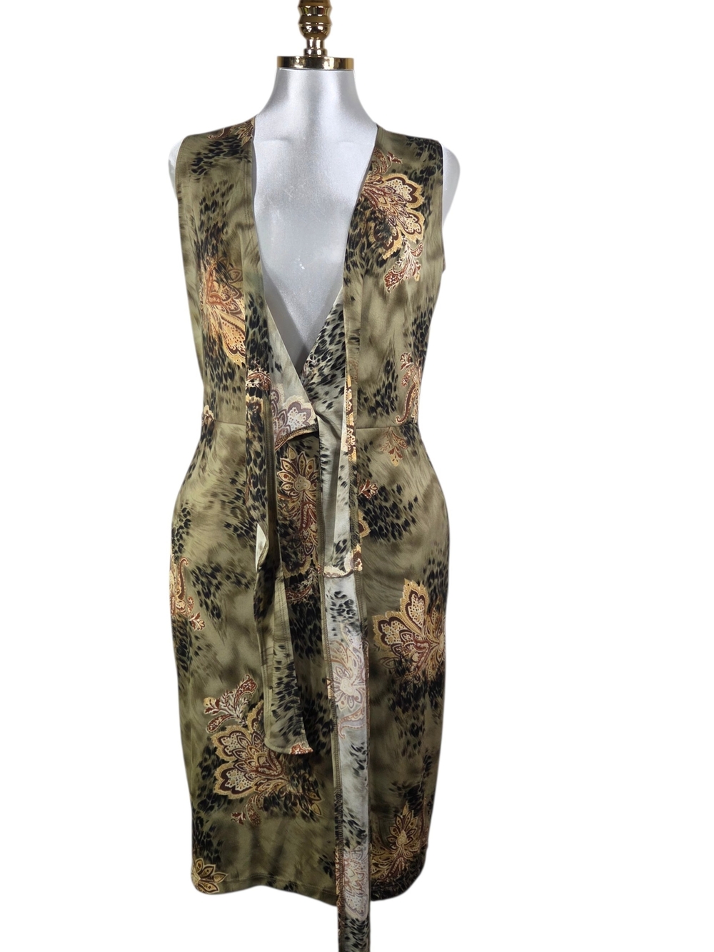 Olive Print Long Sleeve-Style Wrap Dress with Tie. Size L
